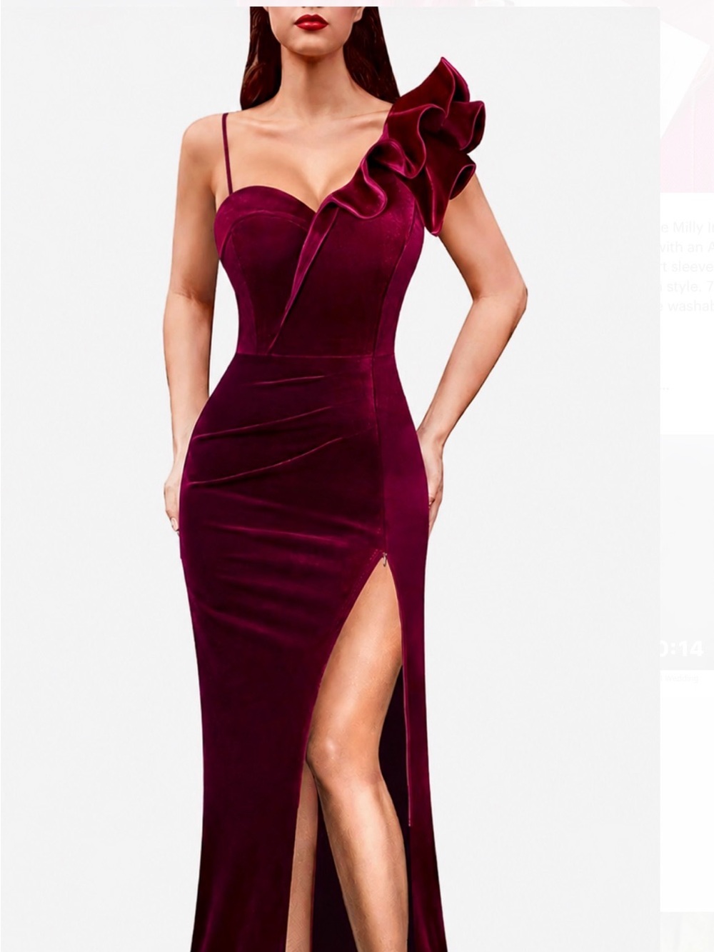 One-Shoulder Burgundy Velvet gown with adjustable zipper for the  slit.